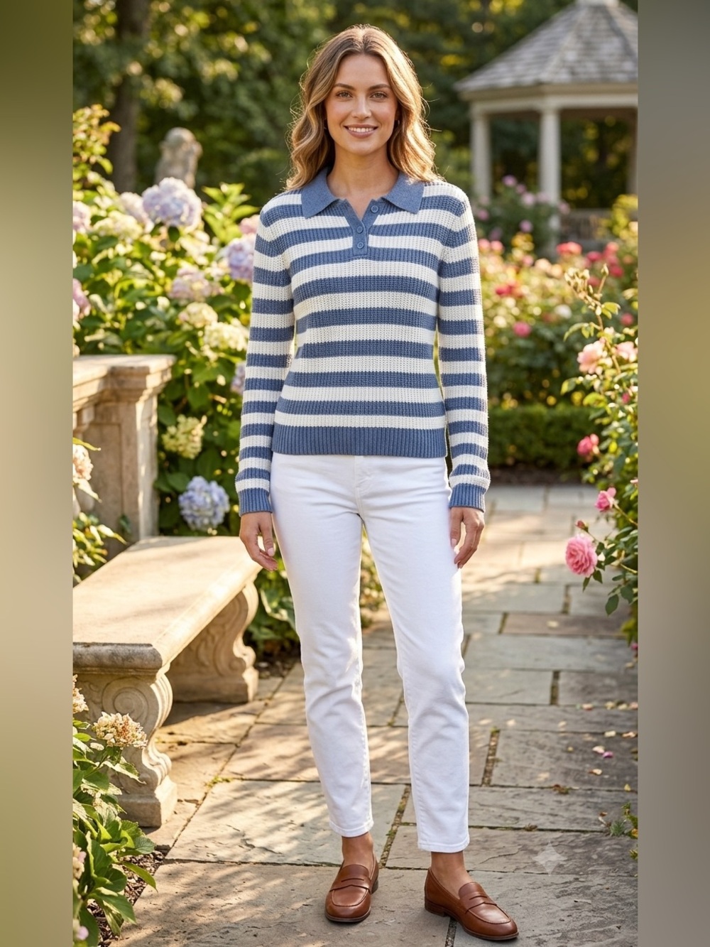 NWT American Eagle Women’s Blue White Striped Sweater Polo Long Sleeve Size M